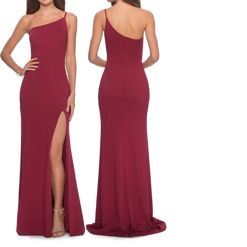 La Femme One Shoulder High Slit Jersey Gown Size 2 Burgundy Red